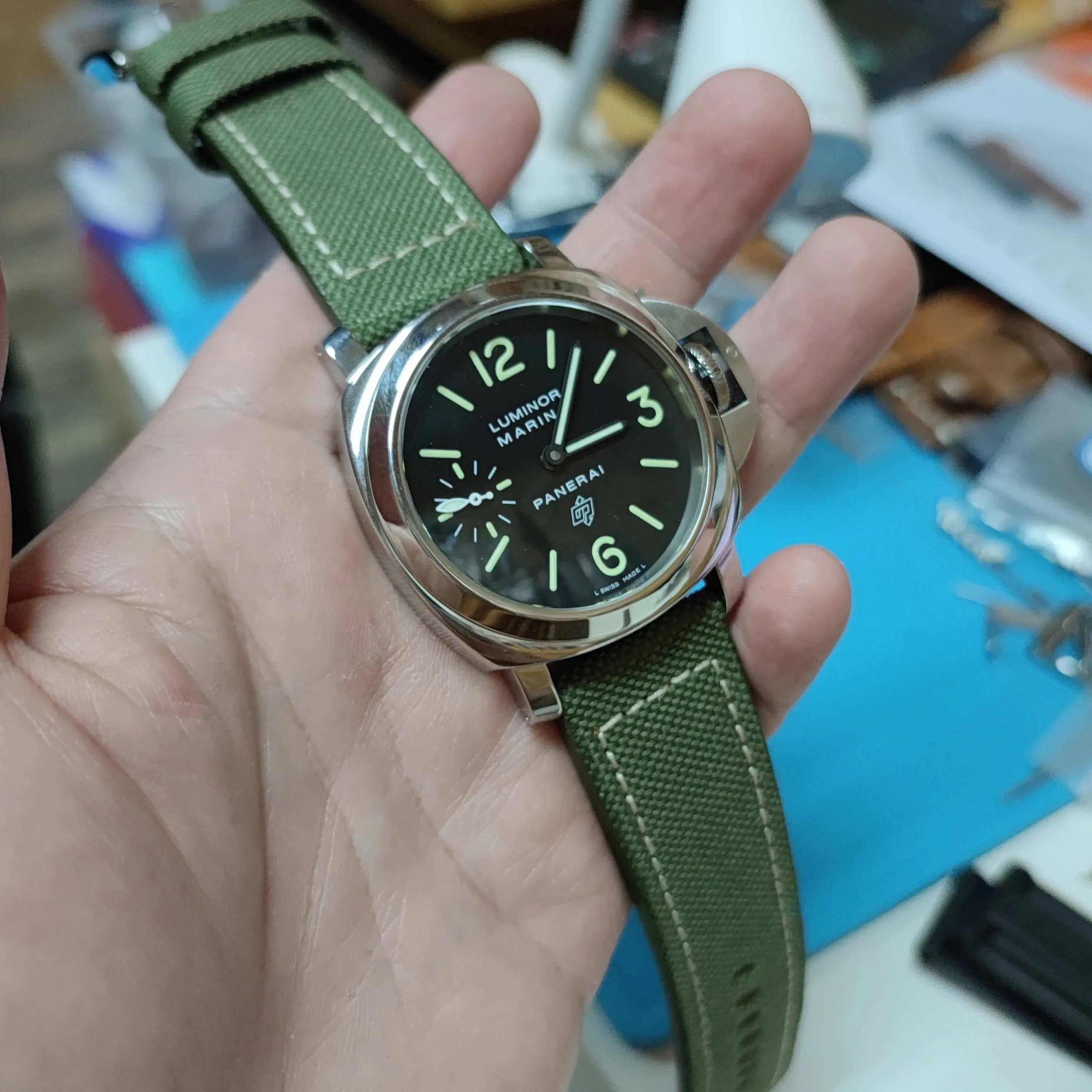 24mm, 26mm Emerald Green Nylon Watch Strap For Panerai, Cream Stitching