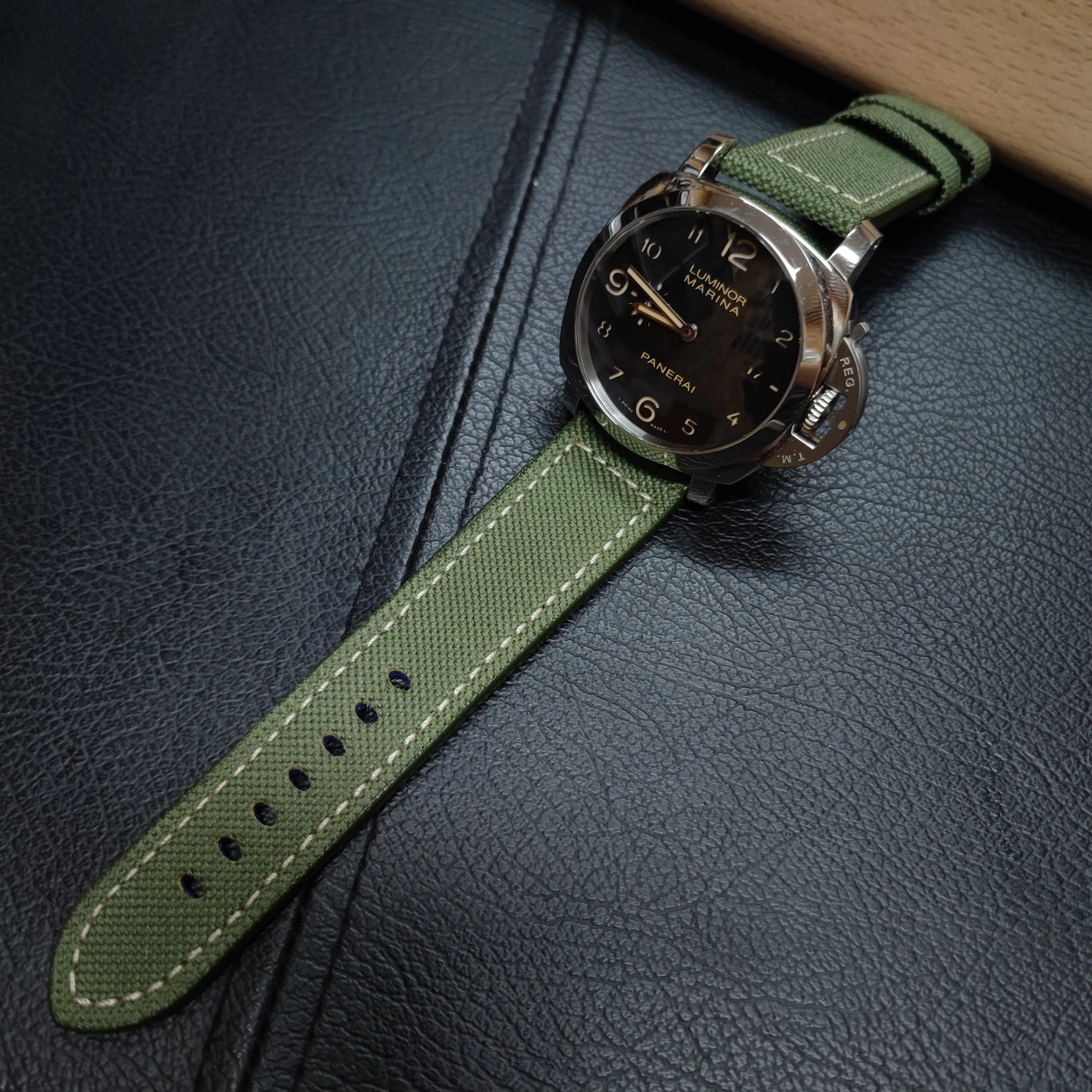 24mm, 26mm Emerald Green Nylon Watch Strap For Panerai, Cream Stitching