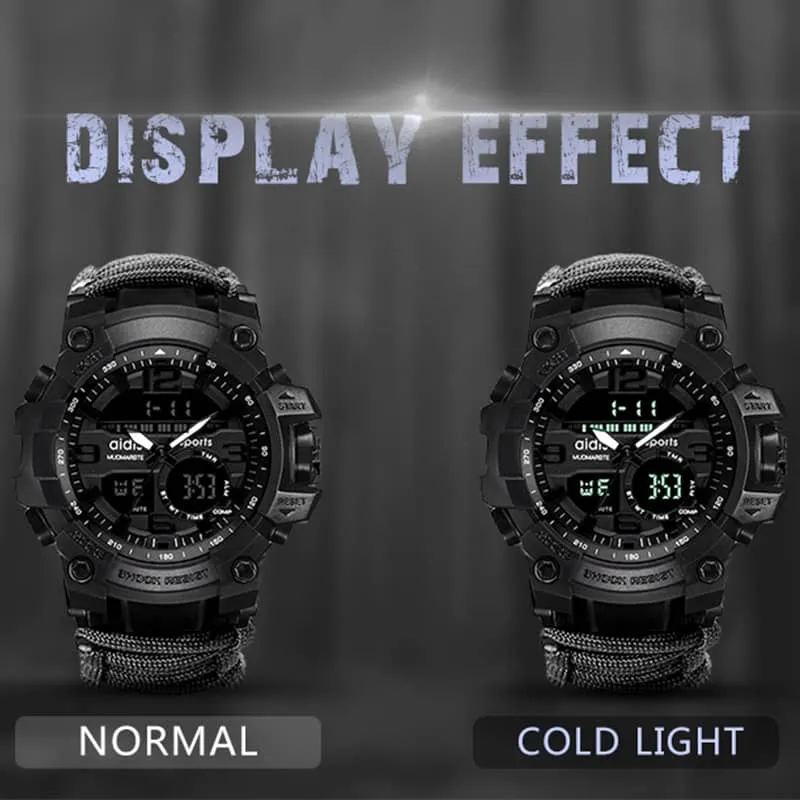 Outdoor Sport Watch Luminous Waterproof Digital Watch for Men with Compass Whistle Flint