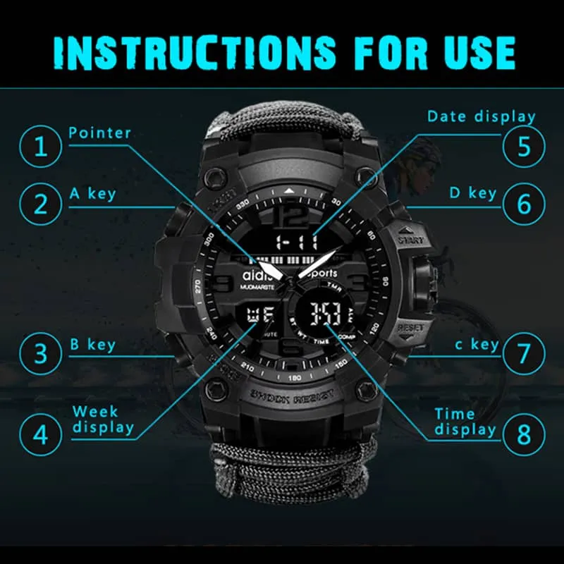 Outdoor Sport Watch Luminous Waterproof Digital Watch for Men with Compass Whistle Flint