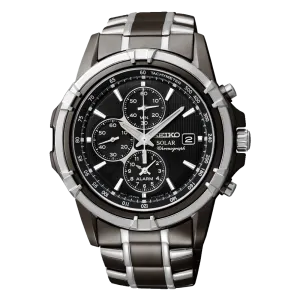 Seiko Essentials SSC143 Black Dial Solar Alarm Chronograph 10 ATM Water Resistant 42.5mm Men's Watch